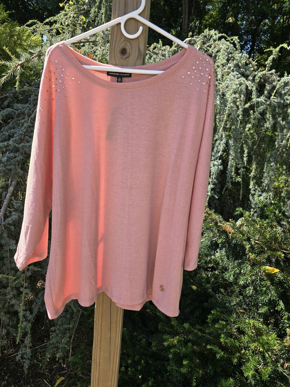 Adrienne Vittadini Coral Pink Pearl-Embellished Boatneck Long Sleeve Top